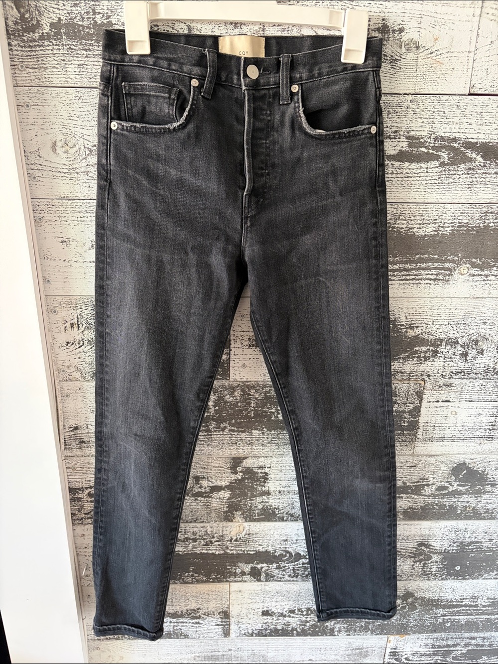 CQY Women's Slim Straight Jeans in Washed faded Black